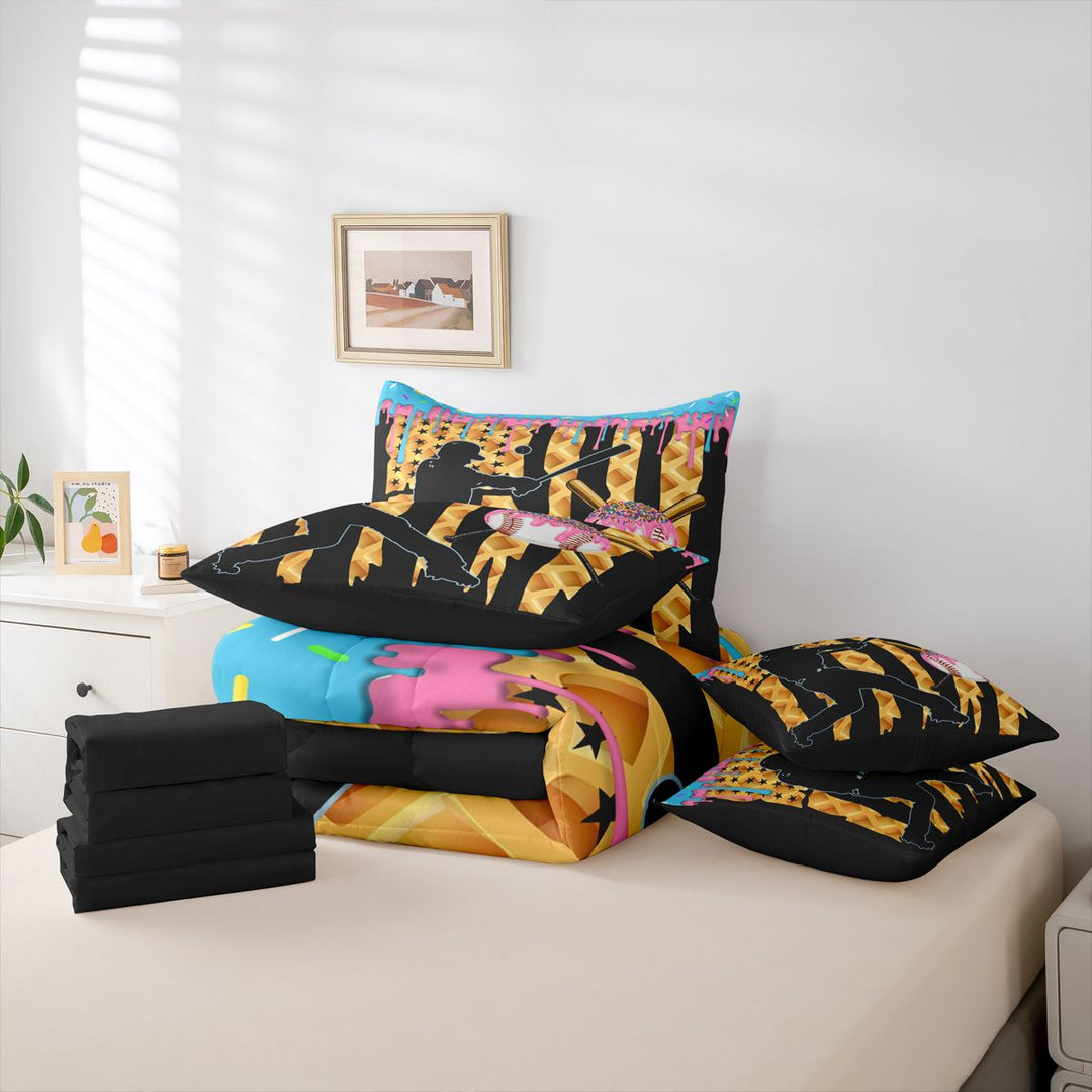 meiyoeat Girls Baseball Games 7 Pieces Full Size Bedding Sets For Ball Gamer,Colorful Ice Cream Drip Full Size Bed in a Bag For Kids,Black Reversible