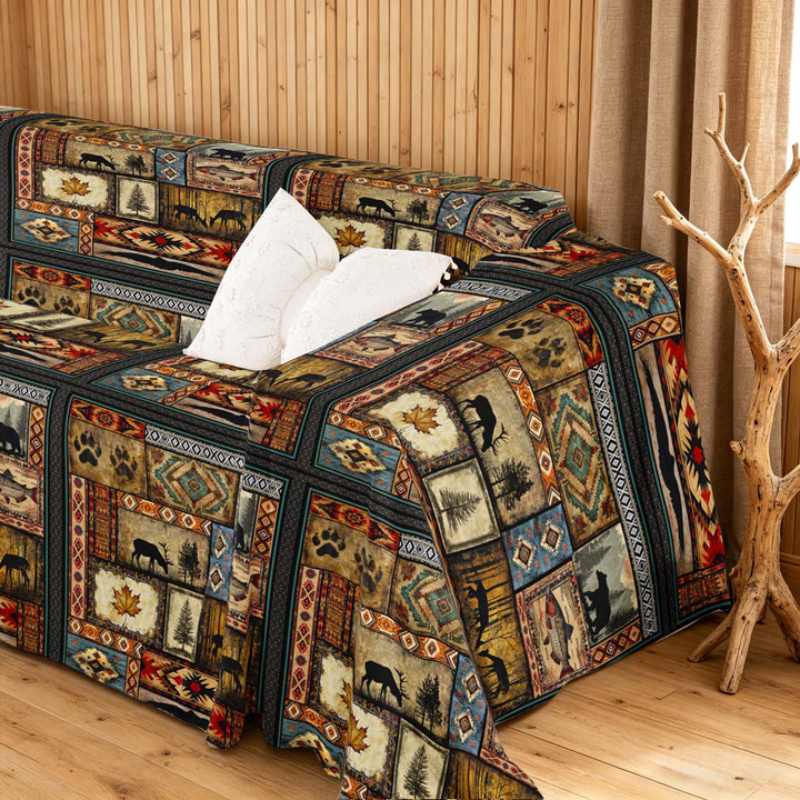 meiyoeat Rustic Patchwork Sofa Cover Slipcover 71x91, Vintage Farmhouse Hunting Deer Chair Loveseat Couch Cover