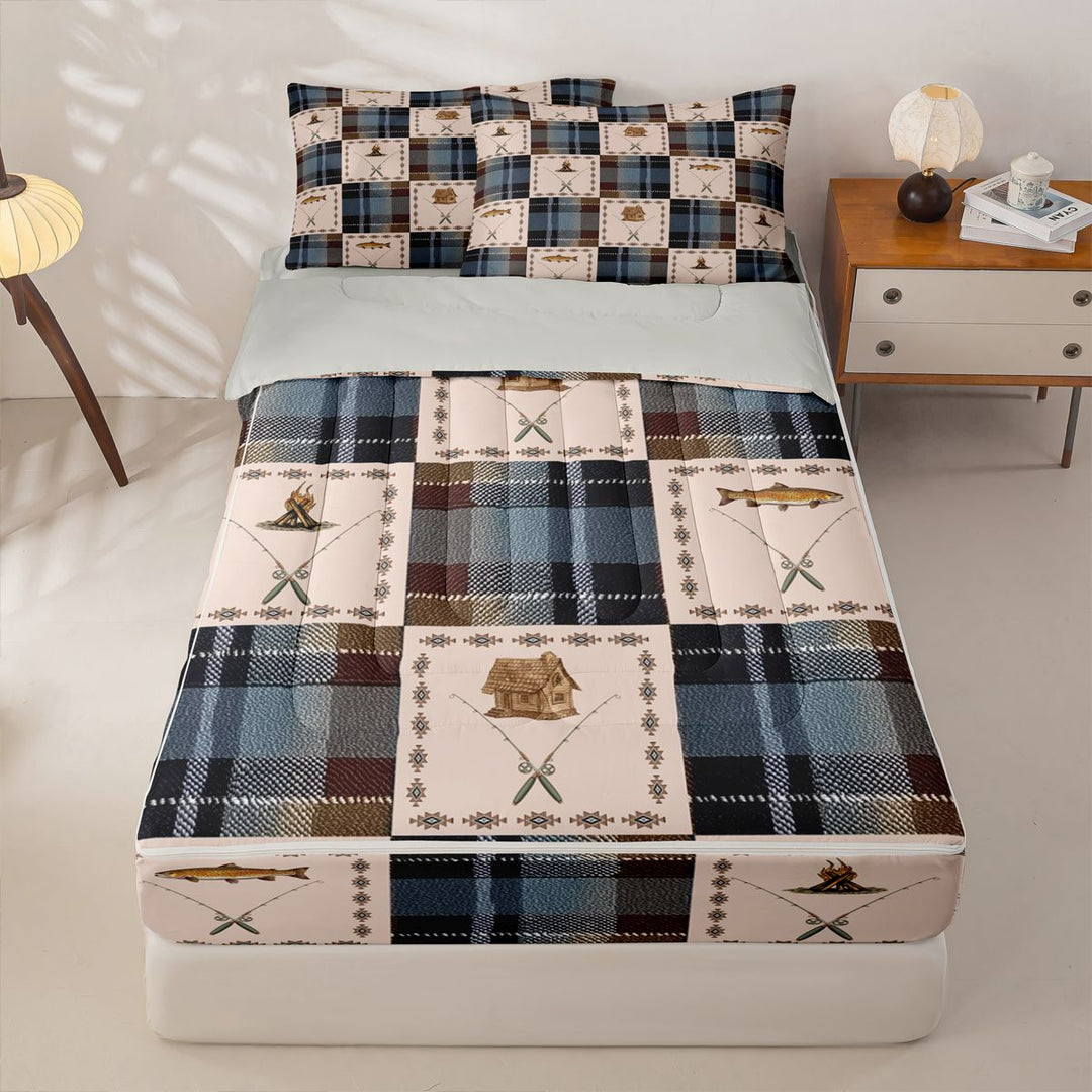 meiyoeat Wild Pike Fish Zipper Full Size Comforter Sets with Fitted Sheet and 2 Pillowcases For Boys,Vintage Patchwork Geometric Plaid Zipper Bedding Set For Kids,Light Gray Reversible,4 Pieces