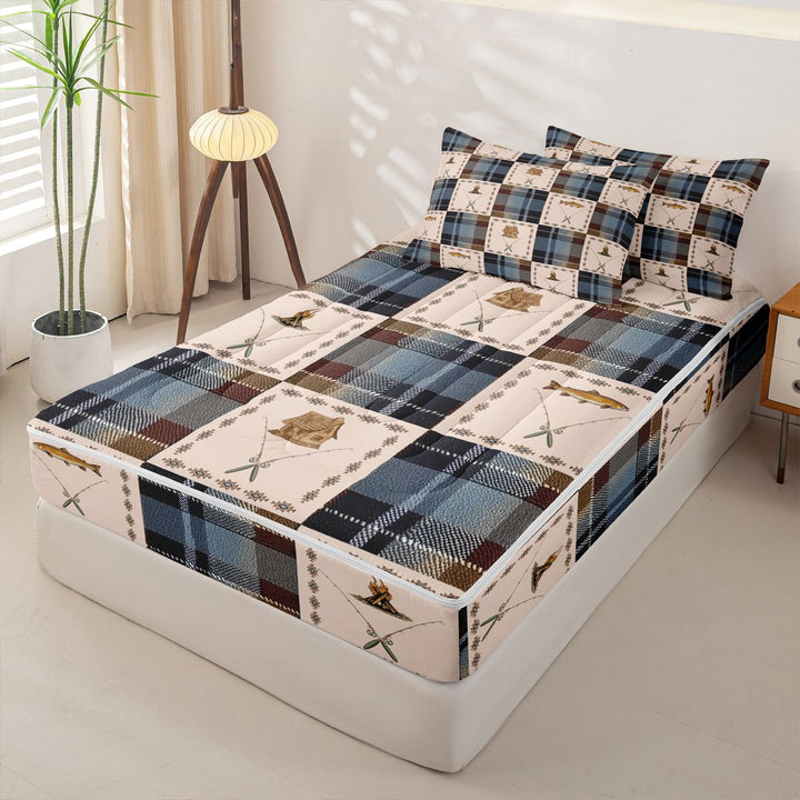 meiyoeat Wild Pike Fish Zipper Full Size Comforter Sets with Fitted Sheet and 2 Pillowcases For Boys,Vintage Patchwork Geometric Plaid Zipper Bedding Set For Kids,Light Gray Reversible,4 Pieces
