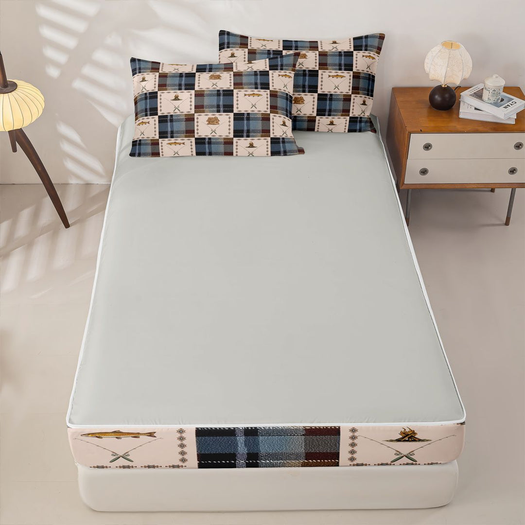meiyoeat Wild Pike Fish Zipper Full Size Comforter Sets with Fitted Sheet and 2 Pillowcases For Boys,Vintage Patchwork Geometric Plaid Zipper Bedding Set For Kids,Light Gray Reversible,4 Pieces