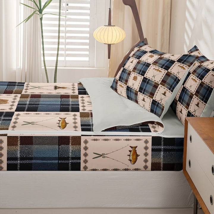 meiyoeat Wild Pike Fish Zipper Full Size Comforter Sets with Fitted Sheet and 2 Pillowcases For Boys,Vintage Patchwork Geometric Plaid Zipper Bedding Set For Kids,Light Gray Reversible,4 Pieces