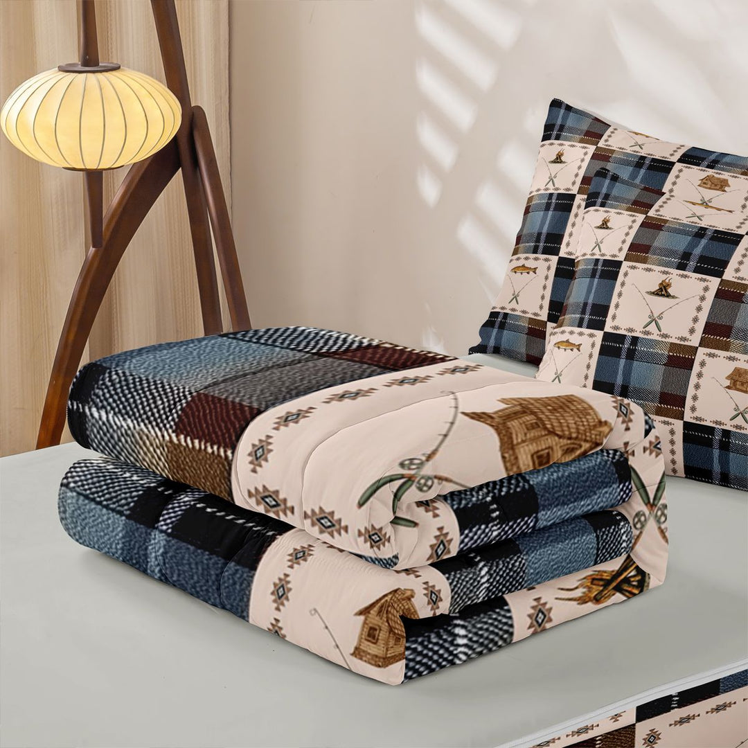 meiyoeat Wild Pike Fish Zipper Full Size Comforter Sets with Fitted Sheet and 2 Pillowcases For Boys,Vintage Patchwork Geometric Plaid Zipper Bedding Set For Kids,Light Gray Reversible,4 Pieces