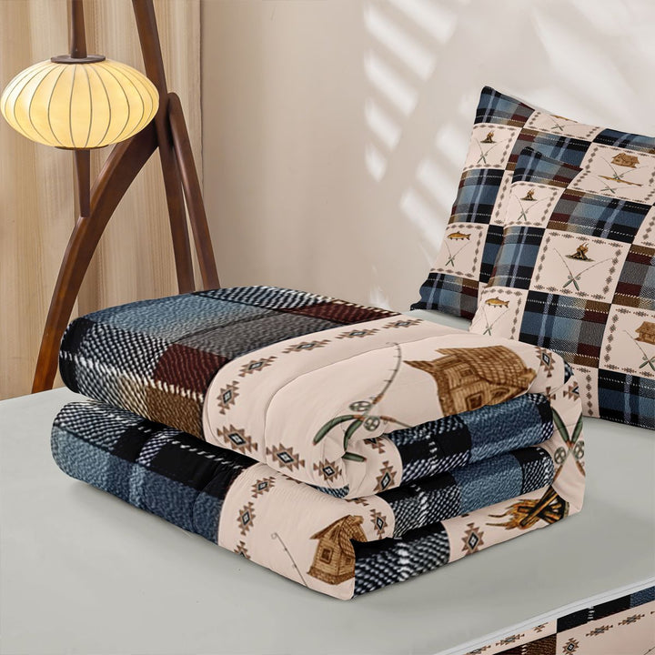 meiyoeat Wild Pike Fish Zipper Full Size Comforter Sets with Fitted Sheet and 2 Pillowcases For Boys,Vintage Patchwork Geometric Plaid Zipper Bedding Set For Kids,Light Gray Reversible,4 Pieces