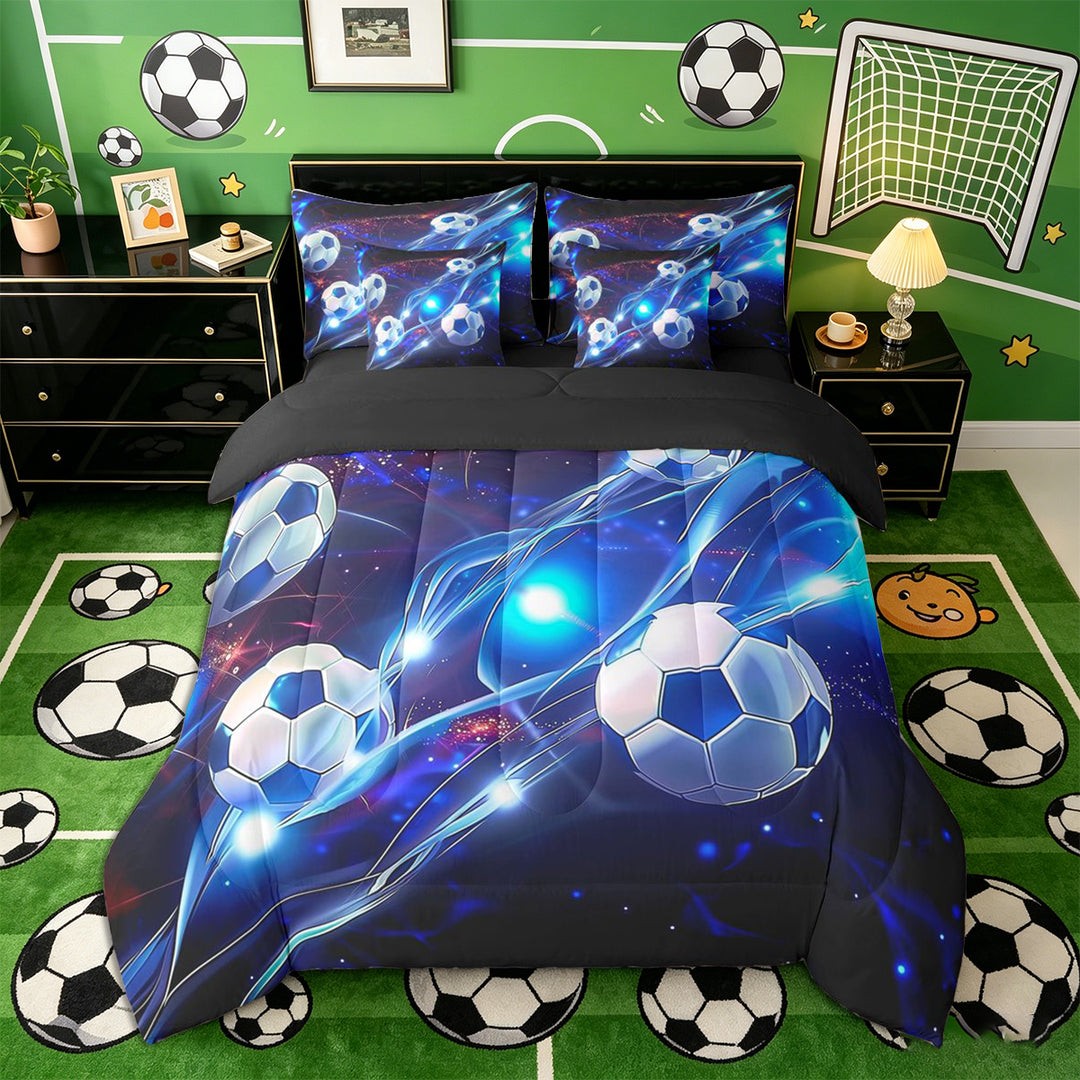 Meiyoeat Neon Soccer Ball Pattern Full Size Bedding Sets 7 Pieces for Sports Fans, Futuristic Light Print Full Size Bed in a Bag, Blue Black,Black Reversible