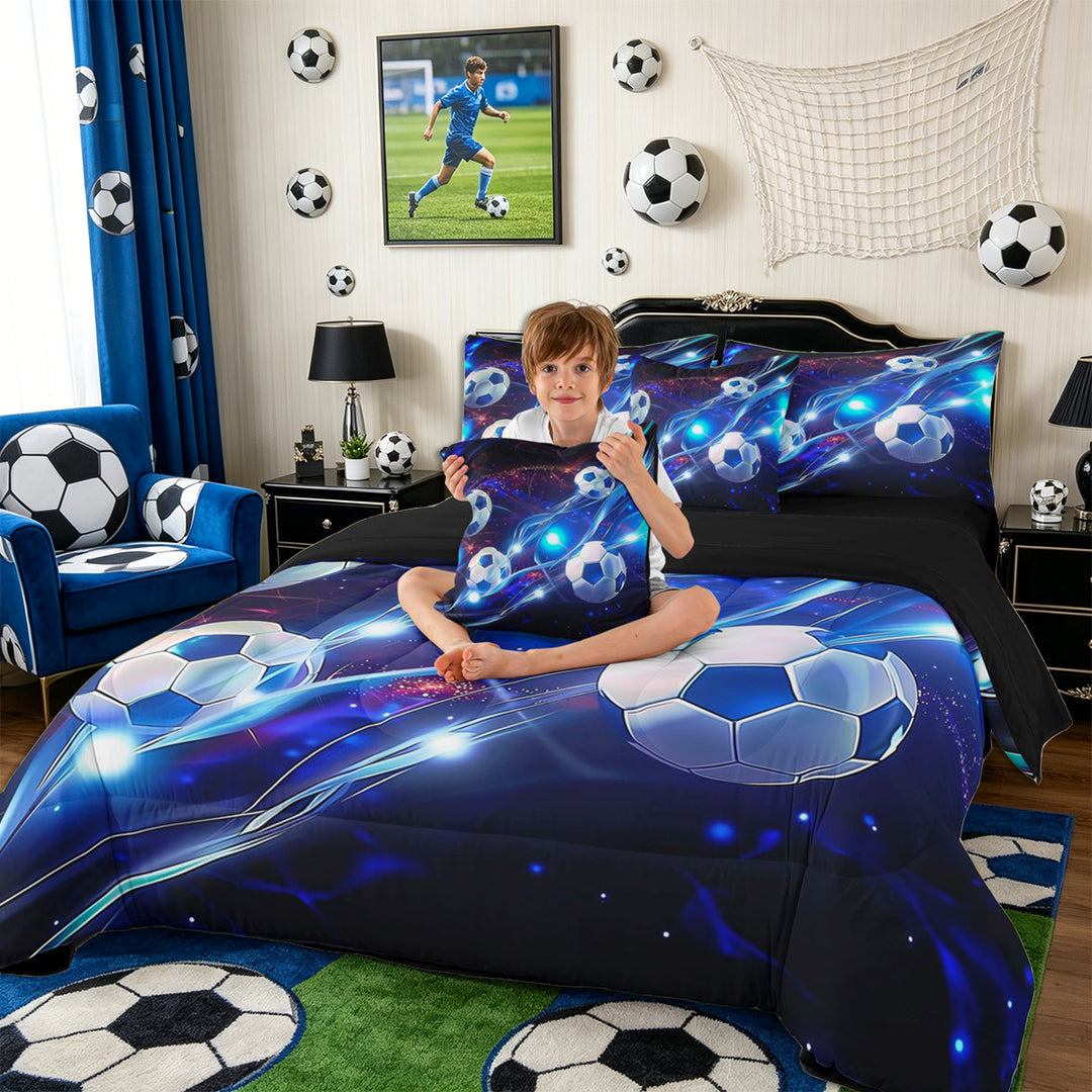 Meiyoeat Neon Soccer Ball Pattern Full Size Bedding Sets 7 Pieces for Sports Fans, Futuristic Light Print Full Size Bed in a Bag, Blue Black,Black Reversible