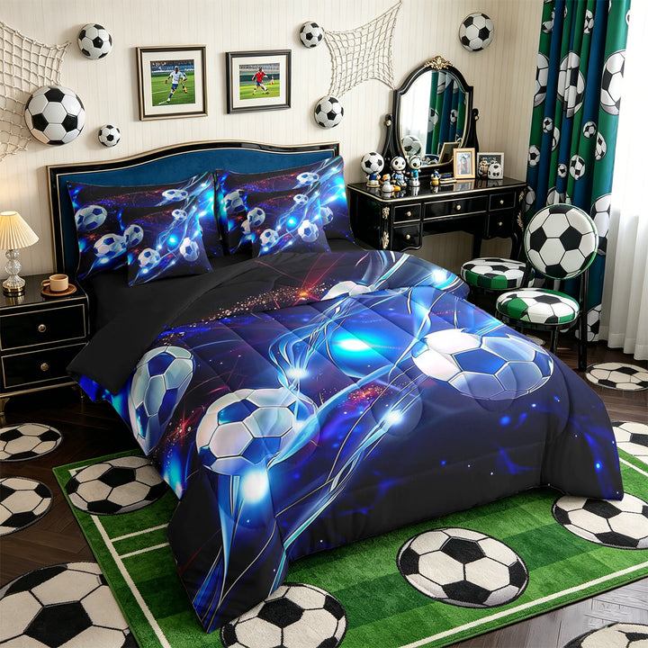 Meiyoeat Neon Soccer Ball Pattern Full Size Bedding Sets 7 Pieces for Sports Fans, Futuristic Light Print Full Size Bed in a Bag, Blue Black,Black Reversible