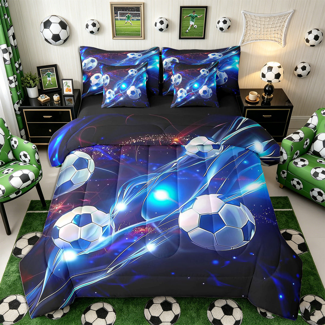 Meiyoeat Neon Soccer Ball Pattern Full Size Bedding Sets 7 Pieces for Sports Fans, Futuristic Light Print Full Size Bed in a Bag, Blue Black,Black Reversible