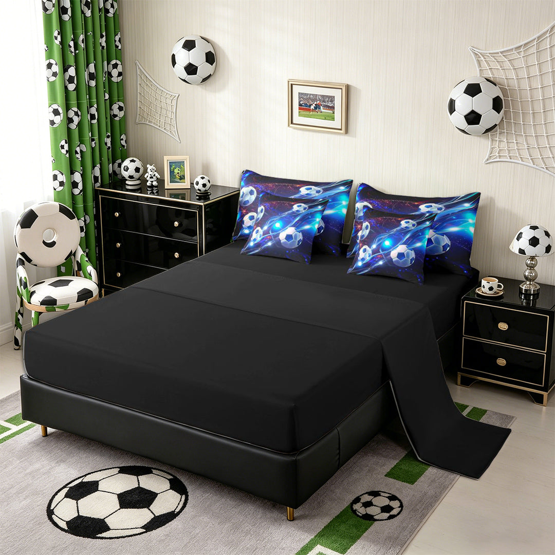 Meiyoeat Neon Soccer Ball Pattern Full Size Bedding Sets 7 Pieces for Sports Fans, Futuristic Light Print Full Size Bed in a Bag, Blue Black,Black Reversible