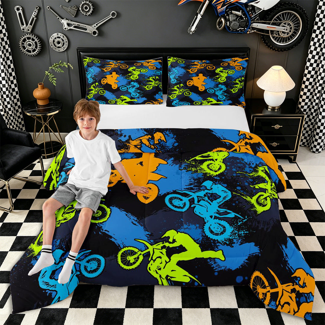Meiyoeat Sport Motorcycle Full Size Comforter Sets 3-Piece, Graffiti Splash Print Bedding Comforter Set, Blue Green Orange Black,Black Reversible