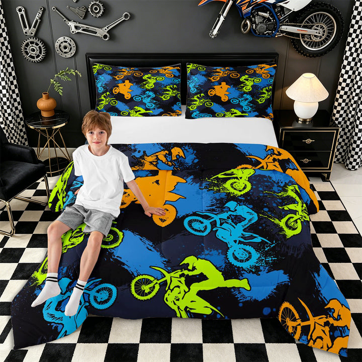 Meiyoeat Sport Motorcycle Full Size Comforter Sets 3-Piece, Graffiti Splash Print Bedding Comforter Set, Blue Green Orange Black,Black Reversible