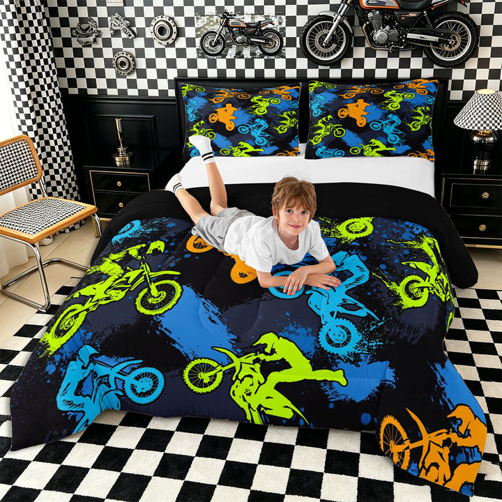 Meiyoeat Sport Motorcycle Full Size Comforter Sets 3-Piece, Graffiti Splash Print Bedding Comforter Set, Blue Green Orange Black,Black Reversible