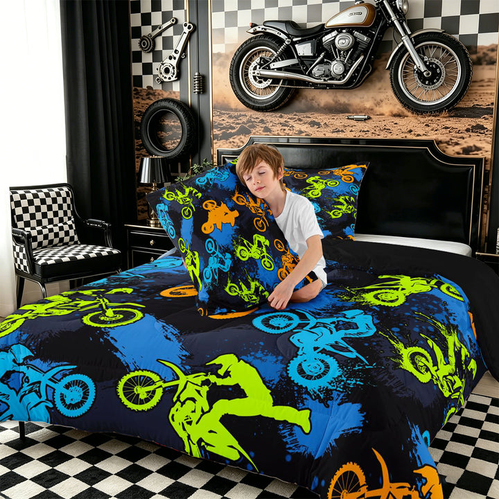 Meiyoeat Sport Motorcycle Full Size Comforter Sets 3-Piece, Graffiti Splash Print Bedding Comforter Set, Blue Green Orange Black,Black Reversible