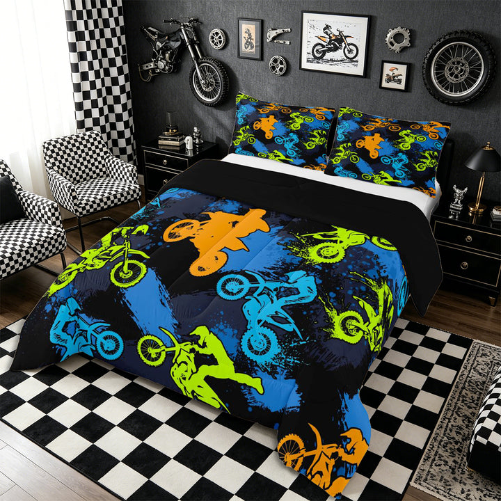 Meiyoeat Sport Motorcycle Full Size Comforter Sets 3-Piece, Graffiti Splash Print Bedding Comforter Set, Blue Green Orange Black,Black Reversible