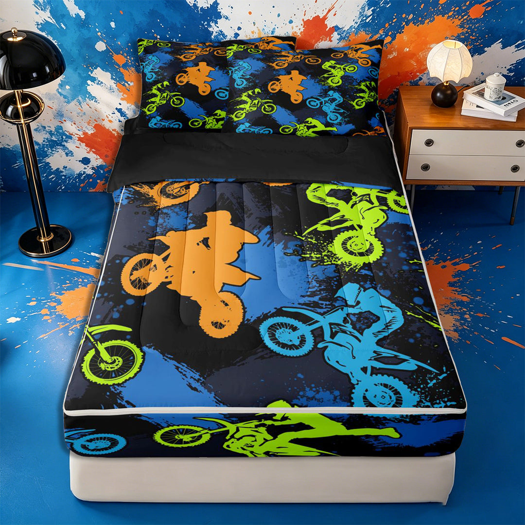 Meiyoeat Sport Motorcycle Zipper Full Size Comforter Sets with Fitted Sheet and 2 Pillowcases, Graffiti Splash Print Zipper Bedding Set, Blue Green Orange Black,4pcs,Black Reversible