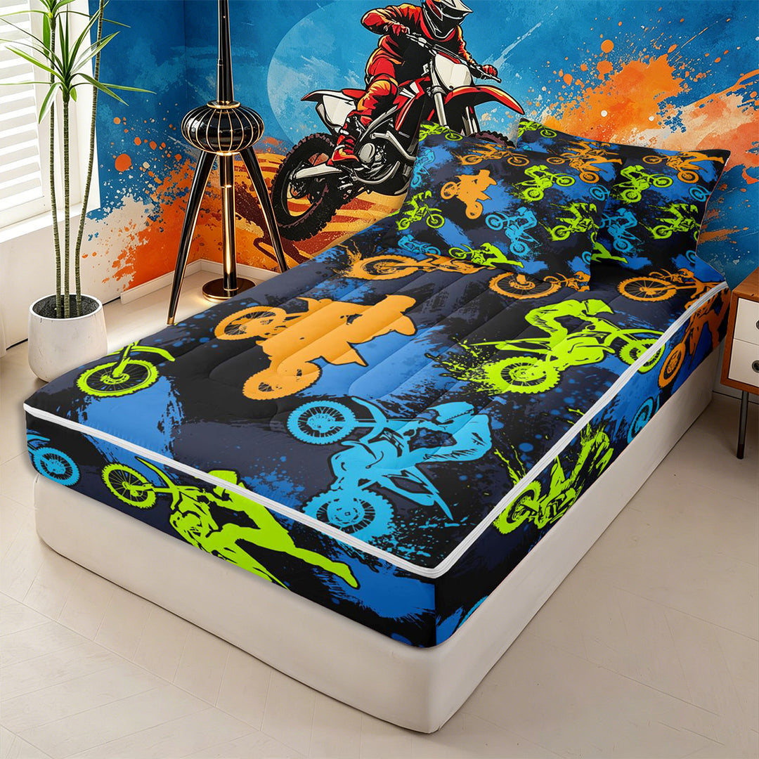 Meiyoeat Sport Motorcycle Zipper Full Size Comforter Sets with Fitted Sheet and 2 Pillowcases, Graffiti Splash Print Zipper Bedding Set, Blue Green Orange Black,4pcs,Black Reversible