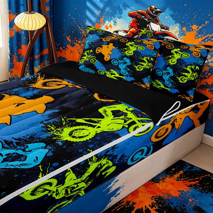 Meiyoeat Sport Motorcycle Zipper Full Size Comforter Sets with Fitted Sheet and 2 Pillowcases, Graffiti Splash Print Zipper Bedding Set, Blue Green Orange Black,4pcs,Black Reversible