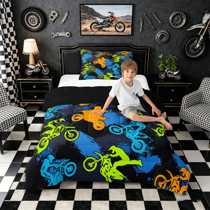 Meiyoeat Sport Motorcycle Full Size Comforter Sets 3-Piece, Graffiti Splash Print Bedding Comforter Set, Blue Green Orange Black,Black Reversible