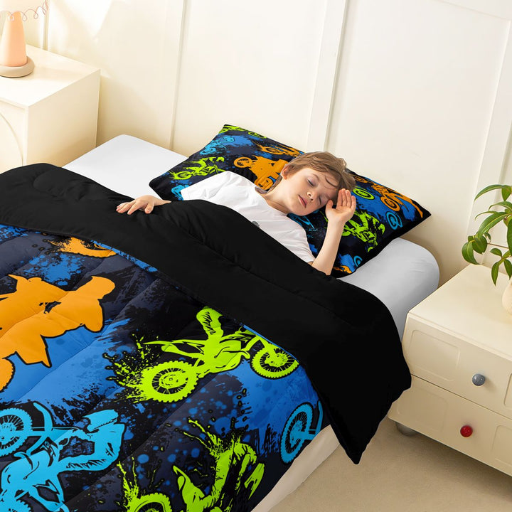 Meiyoeat Sport Motorcycle Full Size Comforter Sets 3-Piece, Graffiti Splash Print Bedding Comforter Set, Blue Green Orange Black,Black Reversible