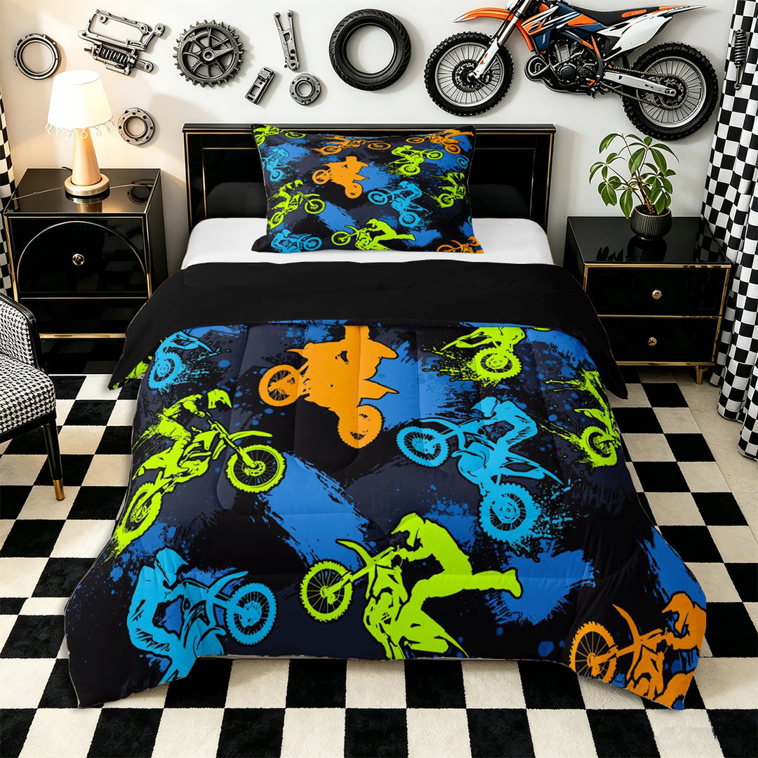 Meiyoeat Sport Motorcycle Full Size Comforter Sets 3-Piece, Graffiti Splash Print Bedding Comforter Set, Blue Green Orange Black,Black Reversible