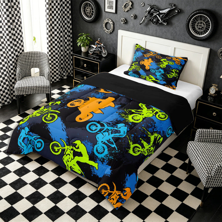 Meiyoeat Sport Motorcycle Full Size Comforter Sets 3-Piece, Graffiti Splash Print Bedding Comforter Set, Blue Green Orange Black,Black Reversible
