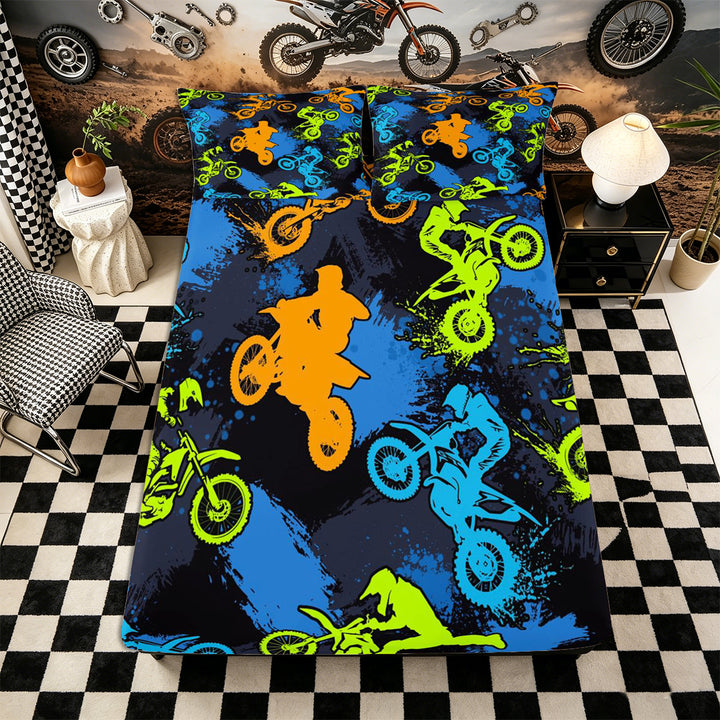 Meiyoeat Sport Motorcycle Bed Sheets 4-Piece, Graffiti Splash Print Full Size Sheets, Blue Green Orange Black