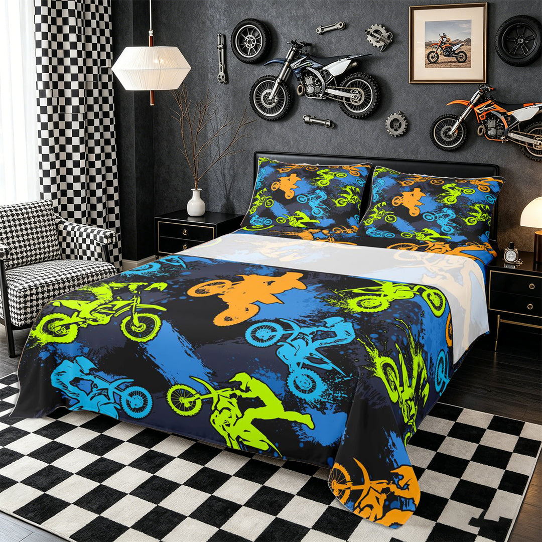 Meiyoeat Sport Motorcycle Bed Sheets 4-Piece, Graffiti Splash Print Full Size Sheets, Blue Green Orange Black