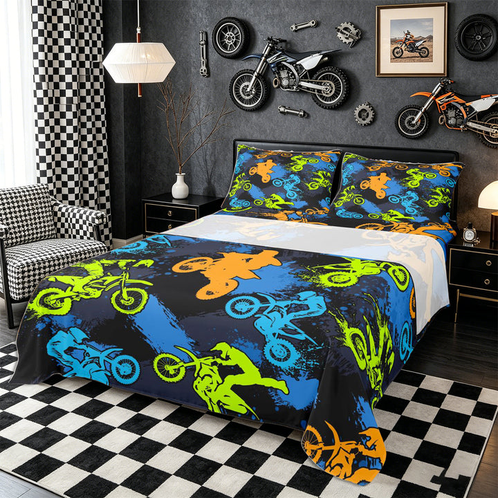 Meiyoeat Sport Motorcycle Bed Sheets 4-Piece, Graffiti Splash Print Full Size Sheets, Blue Green Orange Black