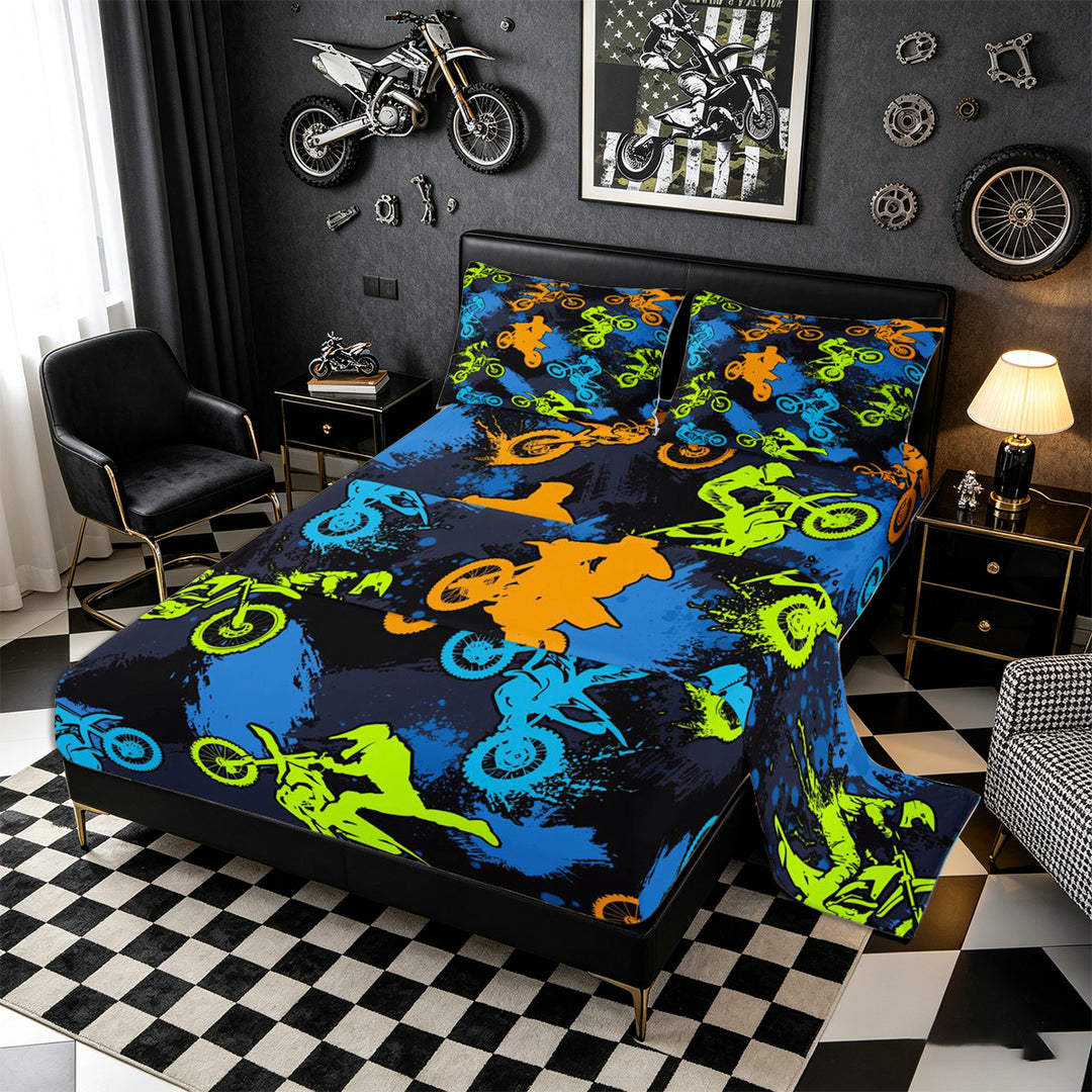 Meiyoeat Sport Motorcycle Bed Sheets 4-Piece, Graffiti Splash Print Full Size Sheets, Blue Green Orange Black