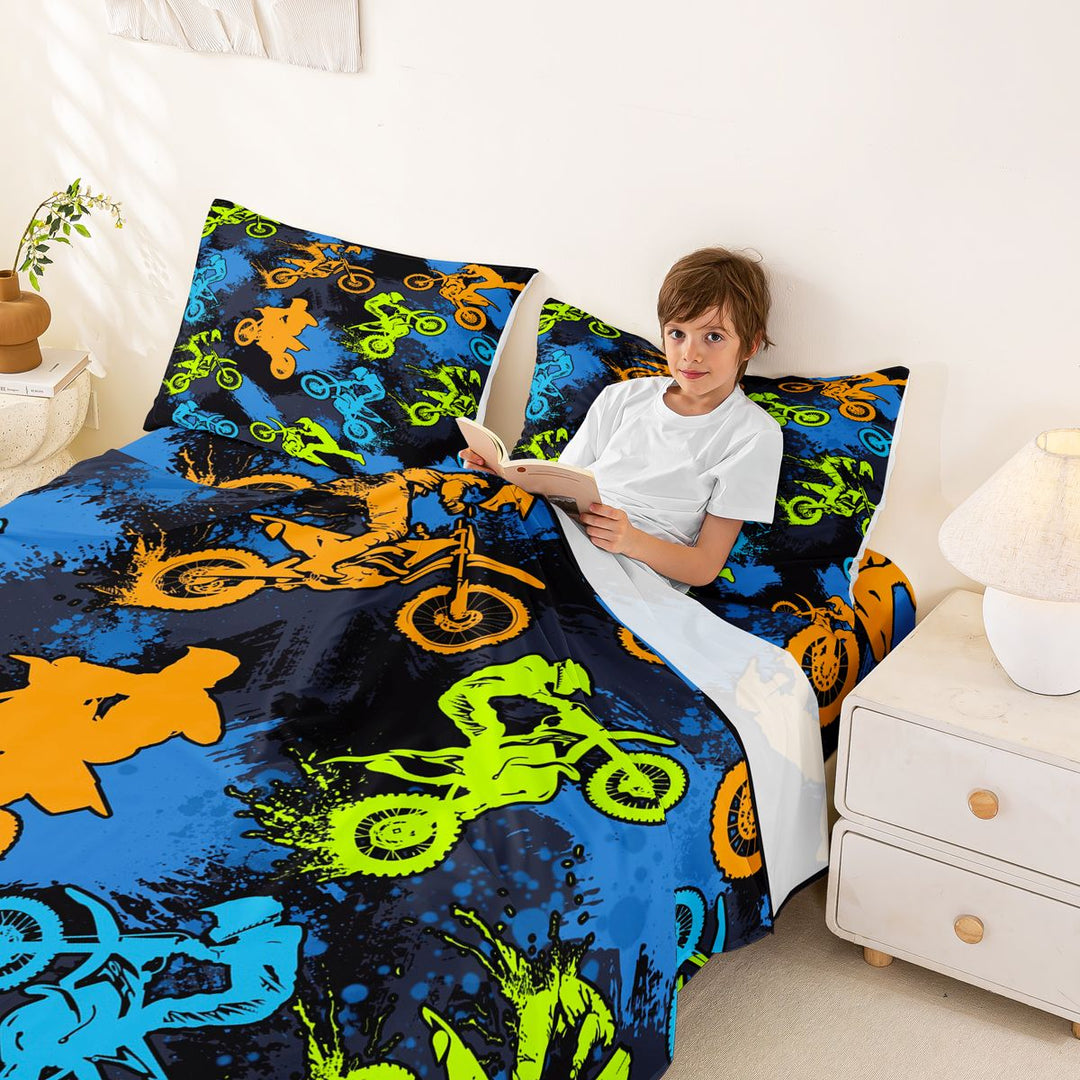 Meiyoeat Sport Motorcycle Bed Sheets 4-Piece, Graffiti Splash Print Full Size Sheets, Blue Green Orange Black