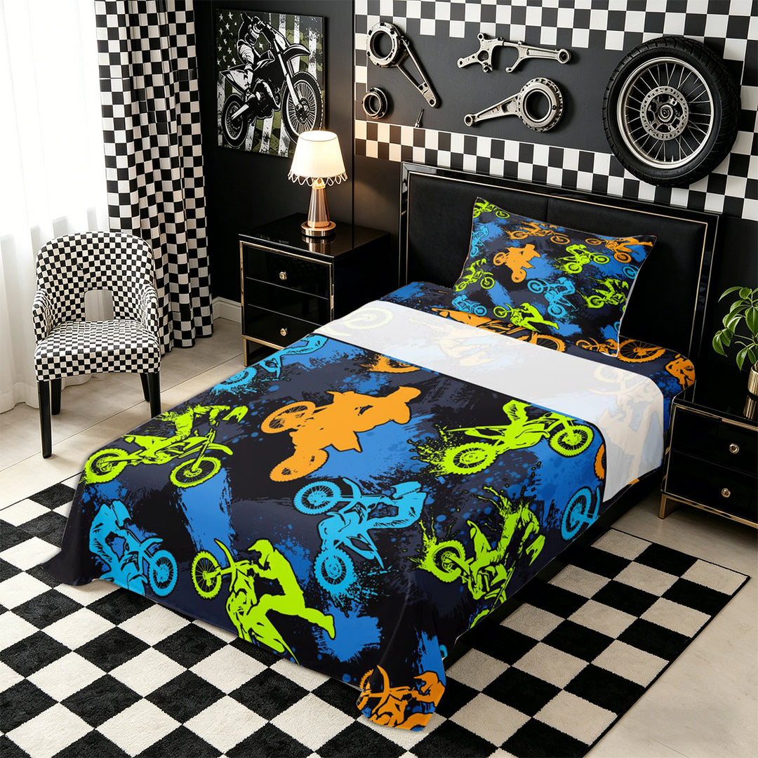 Meiyoeat Sport Motorcycle Bed Sheets 4-Piece, Graffiti Splash Print Full Size Sheets, Blue Green Orange Black