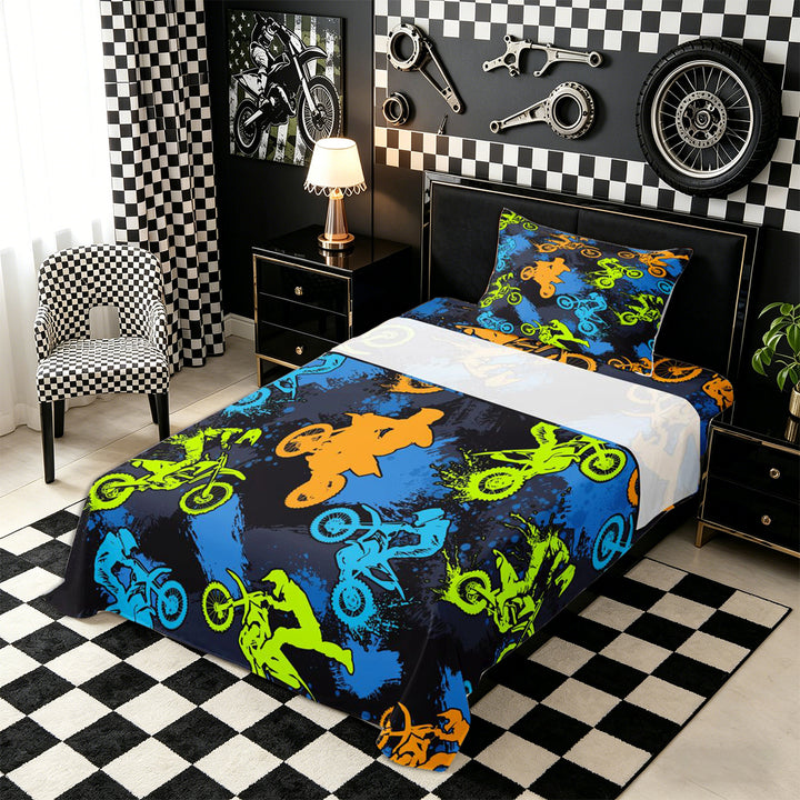 Meiyoeat Sport Motorcycle Bed Sheets 4-Piece, Graffiti Splash Print Full Size Sheets, Blue Green Orange Black