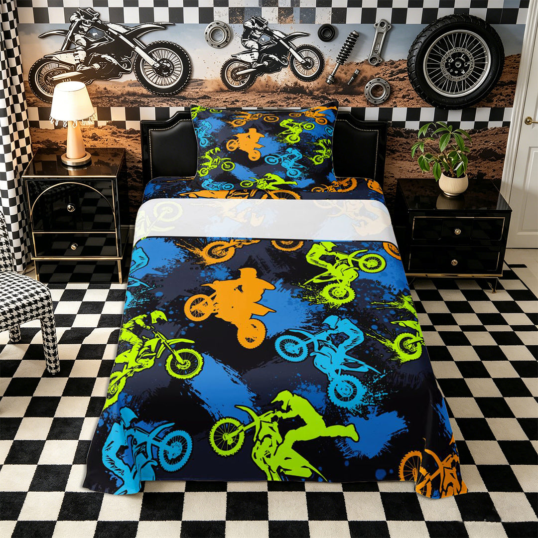 Meiyoeat Sport Motorcycle Bed Sheets 4-Piece, Graffiti Splash Print Full Size Sheets, Blue Green Orange Black