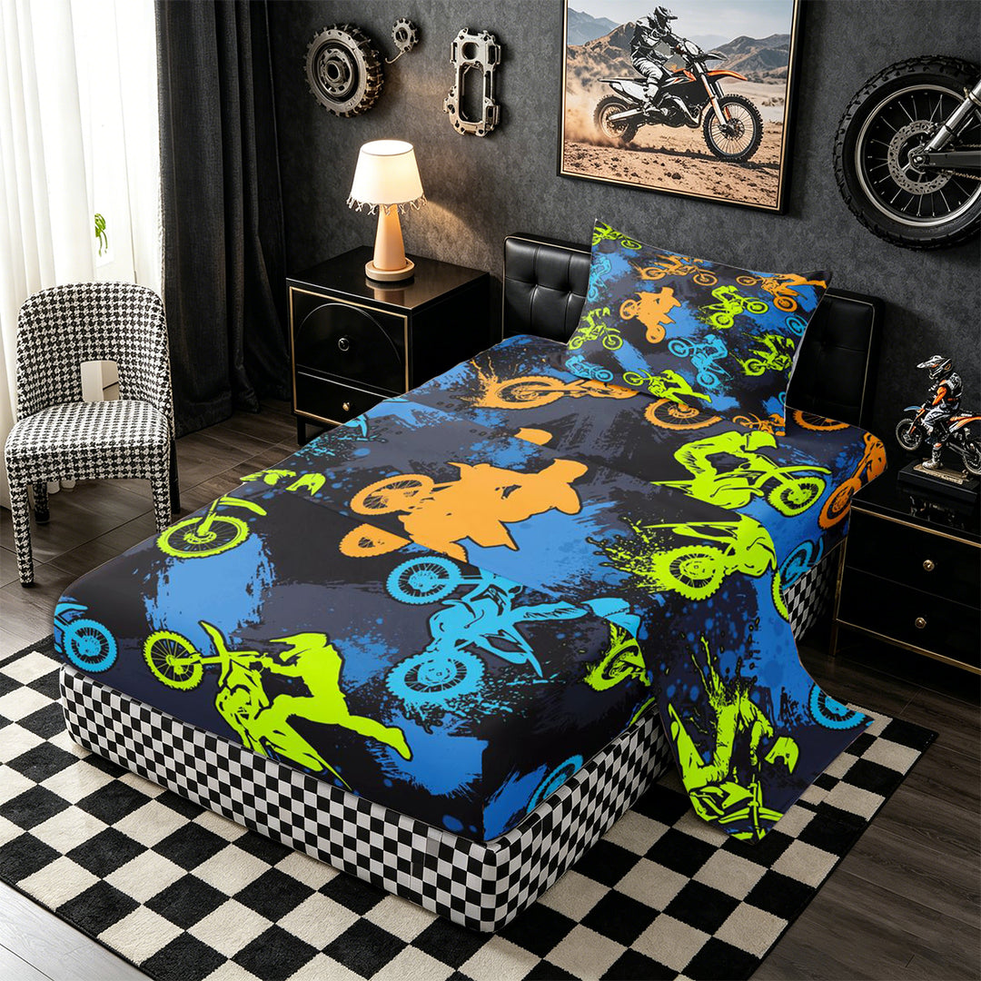 Meiyoeat Sport Motorcycle Bed Sheets 4-Piece, Graffiti Splash Print Full Size Sheets, Blue Green Orange Black