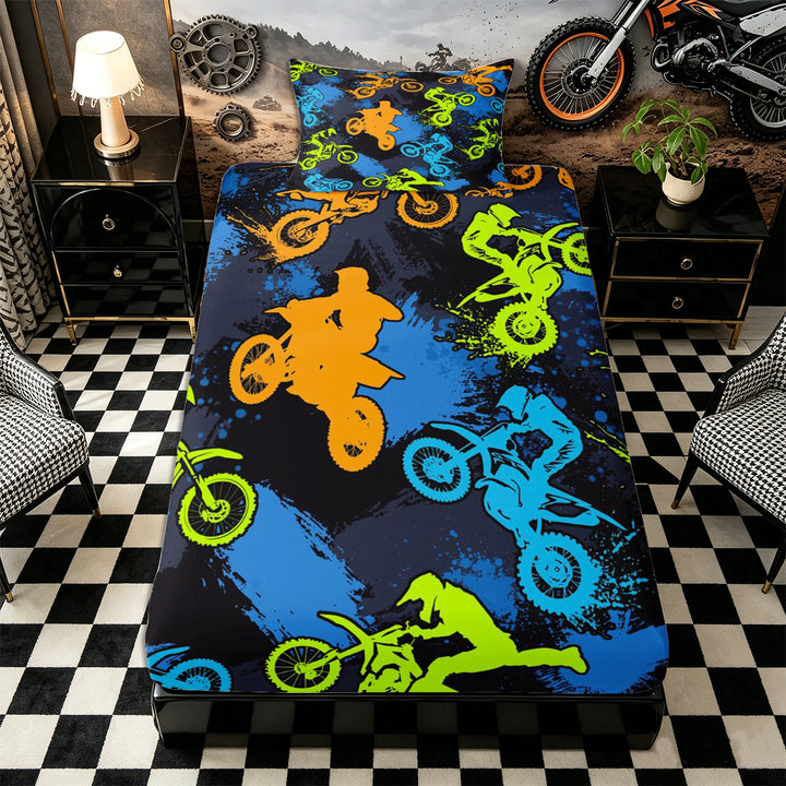 Meiyoeat Sport Motorcycle Bed Sheets 4-Piece, Graffiti Splash Print Full Size Sheets, Blue Green Orange Black