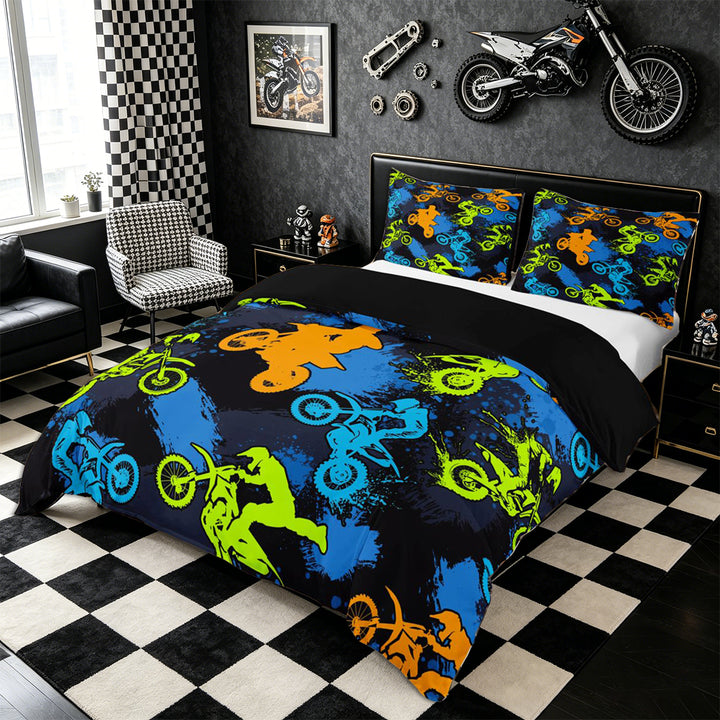 Meiyoeat Sport Motorcycle Bedding, Graffiti Splash Print Duvet Cover Full, Blue Green Orange Black,Black Reversible,3pcs,No Comforter