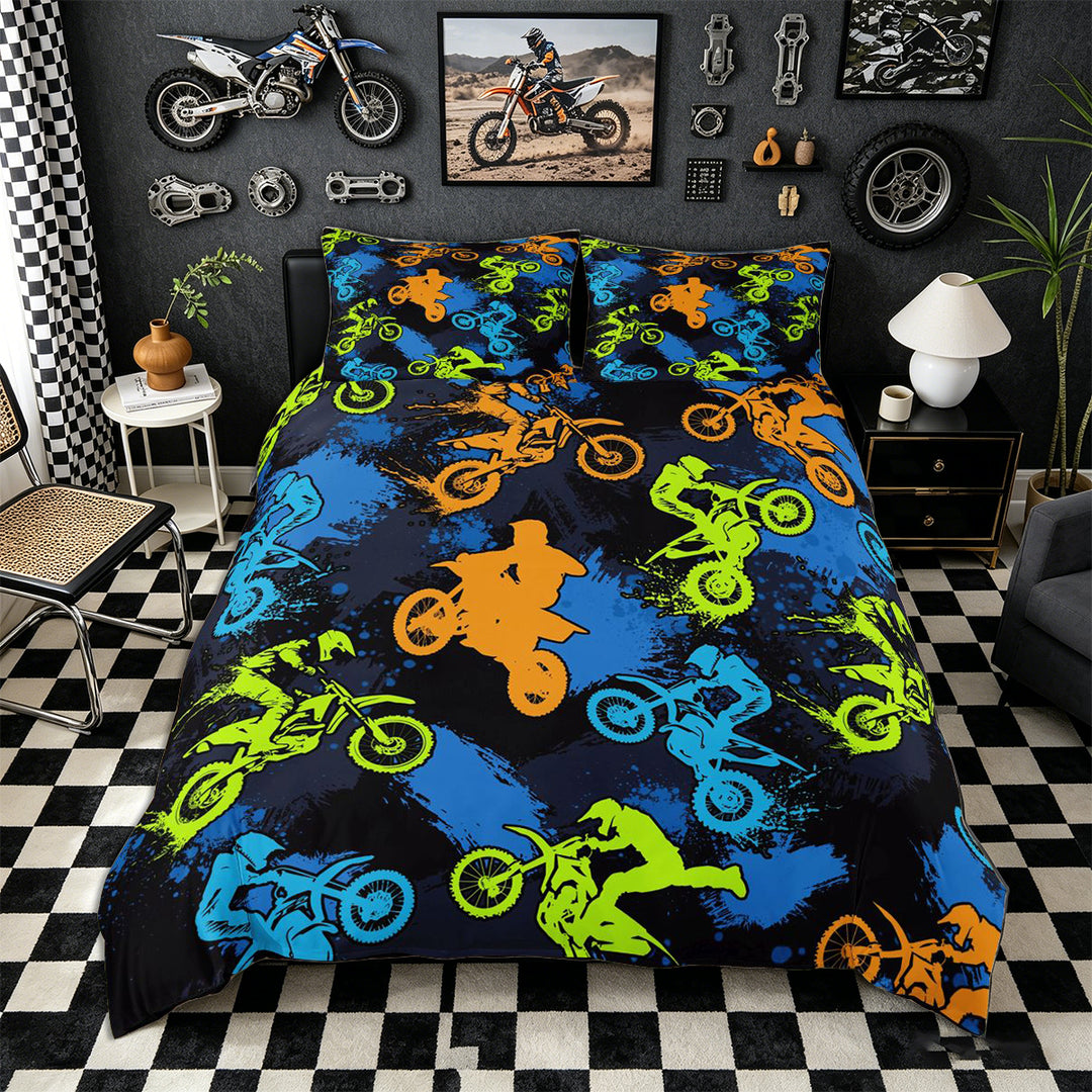 Meiyoeat Sport Motorcycle Bedding, Graffiti Splash Print Duvet Cover Full, Blue Green Orange Black,Black Reversible,3pcs,No Comforter