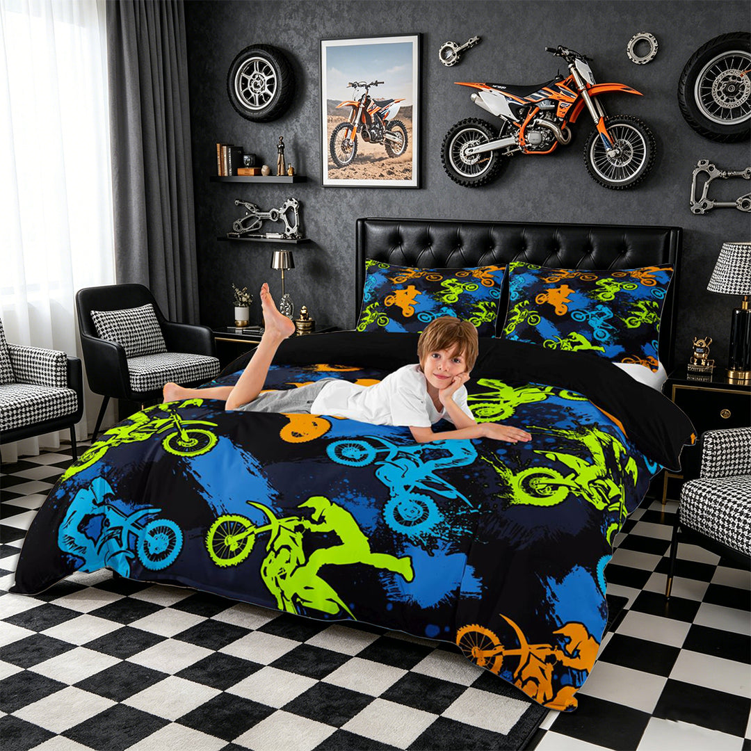 Meiyoeat Sport Motorcycle Bedding, Graffiti Splash Print Duvet Cover Full, Blue Green Orange Black,Black Reversible,3pcs,No Comforter