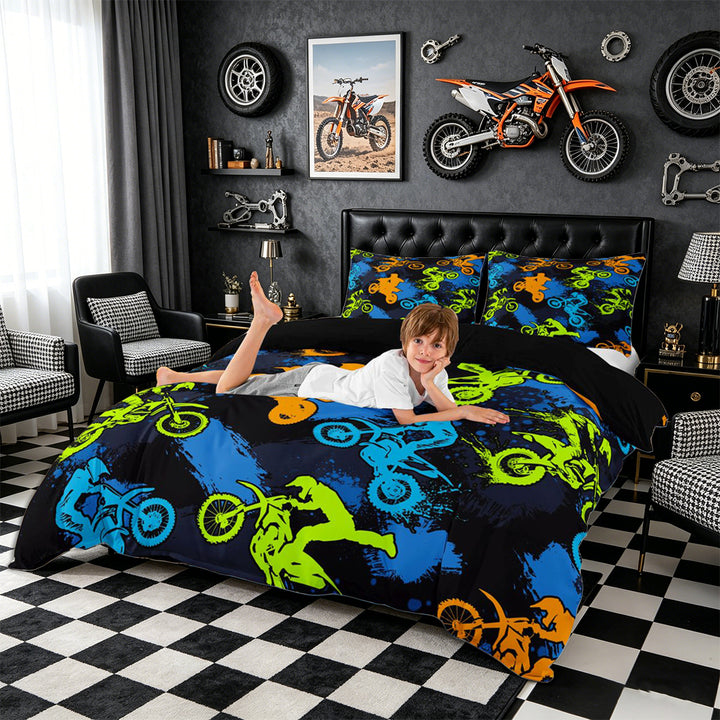 Meiyoeat Sport Motorcycle Bedding, Graffiti Splash Print Duvet Cover Full, Blue Green Orange Black,Black Reversible,3pcs,No Comforter