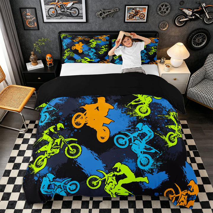 Meiyoeat Sport Motorcycle Bedding, Graffiti Splash Print Duvet Cover Full, Blue Green Orange Black,Black Reversible,3pcs,No Comforter