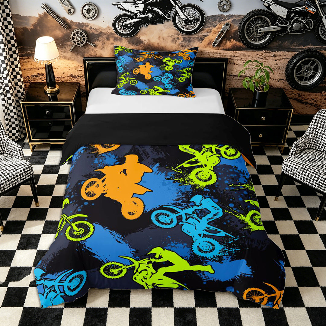 Meiyoeat Sport Motorcycle Bedding, Graffiti Splash Print Duvet Cover Full, Blue Green Orange Black,Black Reversible,3pcs,No Comforter