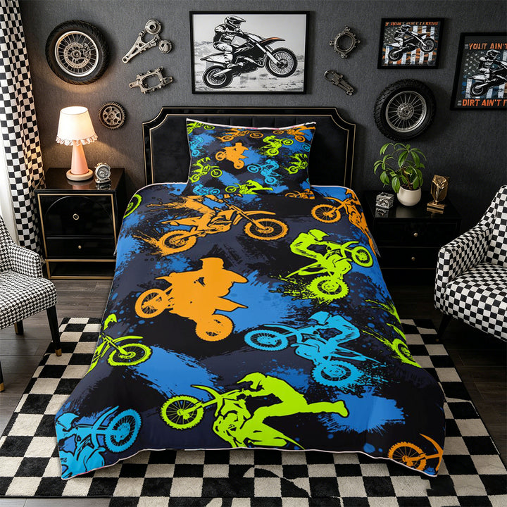 Meiyoeat Sport Motorcycle Bedding, Graffiti Splash Print Duvet Cover Full, Blue Green Orange Black,Black Reversible,3pcs,No Comforter