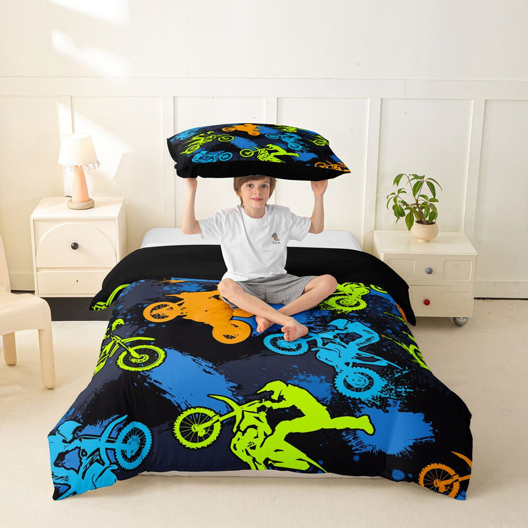 Meiyoeat Sport Motorcycle Bedding, Graffiti Splash Print Duvet Cover Full, Blue Green Orange Black,Black Reversible,3pcs,No Comforter