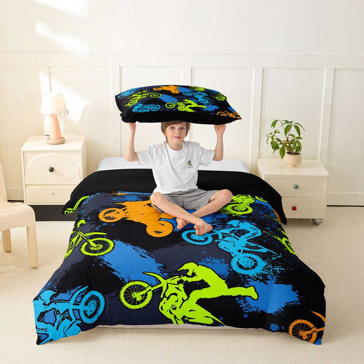 Meiyoeat Sport Motorcycle Bedding, Graffiti Splash Print Duvet Cover Full, Blue Green Orange Black,Black Reversible,3pcs,No Comforter