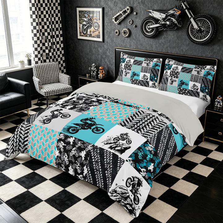 Meiyoeat Motocross Pattern Bedding, Tire Track Print Duvet Cover Full, Multi Tone Black,Grey Reversible,3pcs,No Comforter