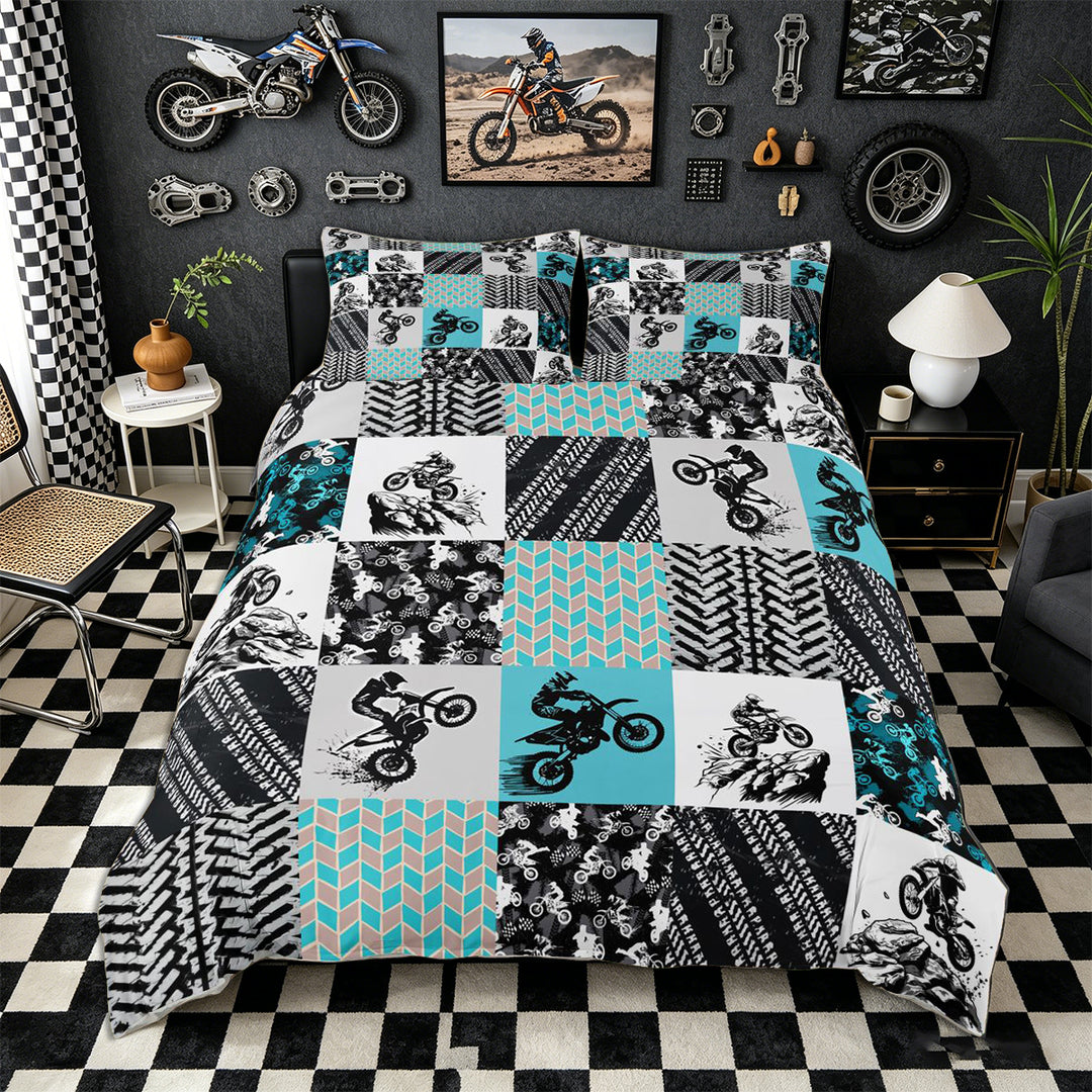 Meiyoeat Motocross Pattern Bedding, Tire Track Print Duvet Cover Full, Multi Tone Black,Grey Reversible,3pcs,No Comforter