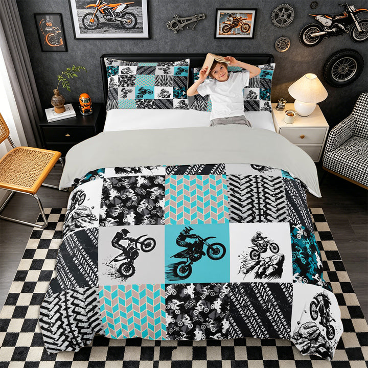 Meiyoeat Motocross Pattern Bedding, Tire Track Print Duvet Cover Full, Multi Tone Black,Grey Reversible,3pcs,No Comforter