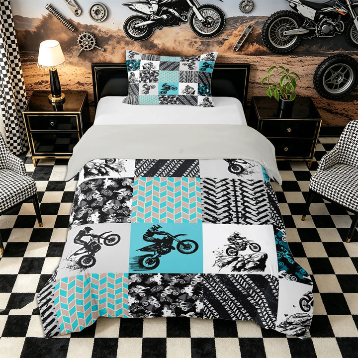 Meiyoeat Motocross Pattern Bedding, Tire Track Print Duvet Cover Full, Multi Tone Black,Grey Reversible,3pcs,No Comforter