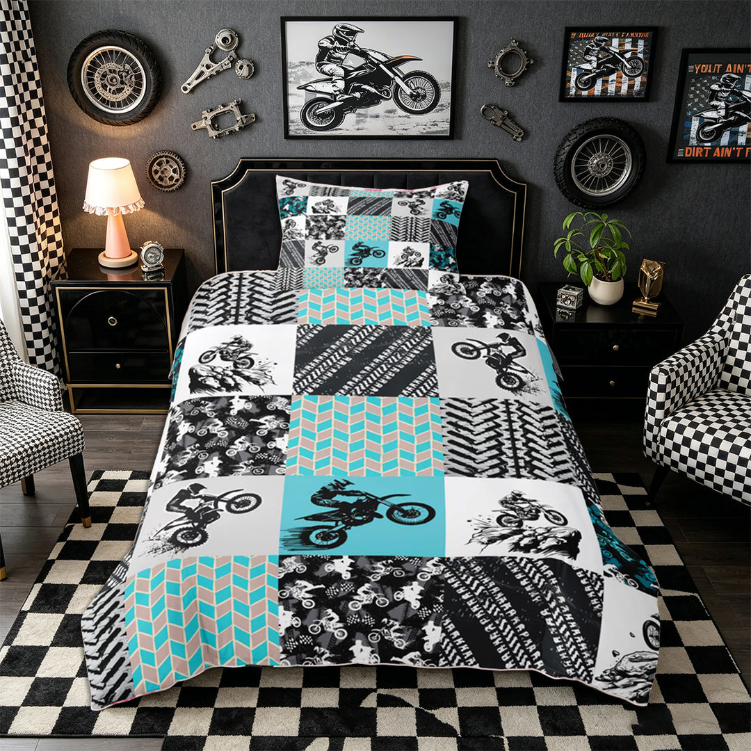 Meiyoeat Motocross Pattern Bedding, Tire Track Print Duvet Cover Full, Multi Tone Black,Grey Reversible,3pcs,No Comforter