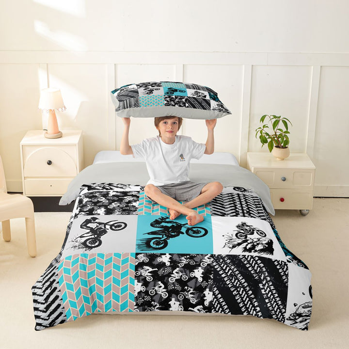 Meiyoeat Motocross Pattern Bedding, Tire Track Print Duvet Cover Full, Multi Tone Black,Grey Reversible,3pcs,No Comforter